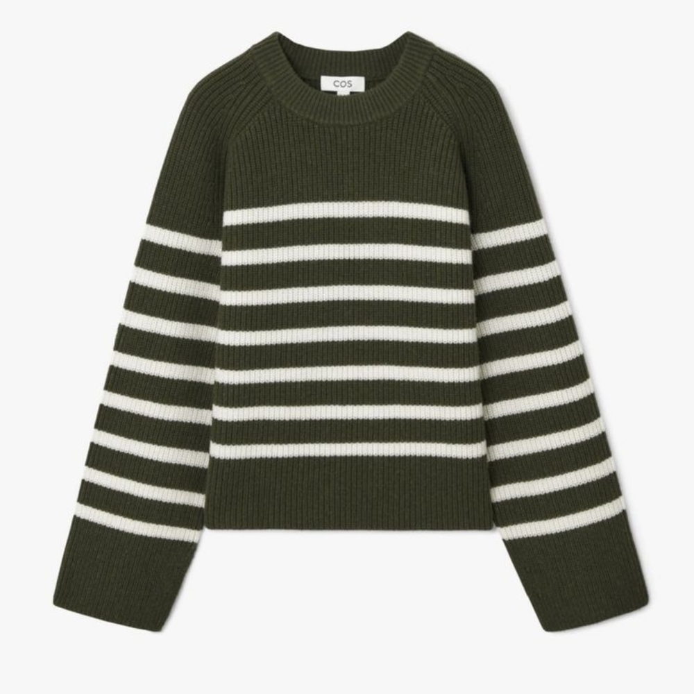 COS Women's Heavy Wool Khaki and White Striped Crewneck Sweater Medium